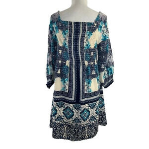 Luxology Dress Blue and White Floral Knee Length Ruched Elastic Chest Lined Poly